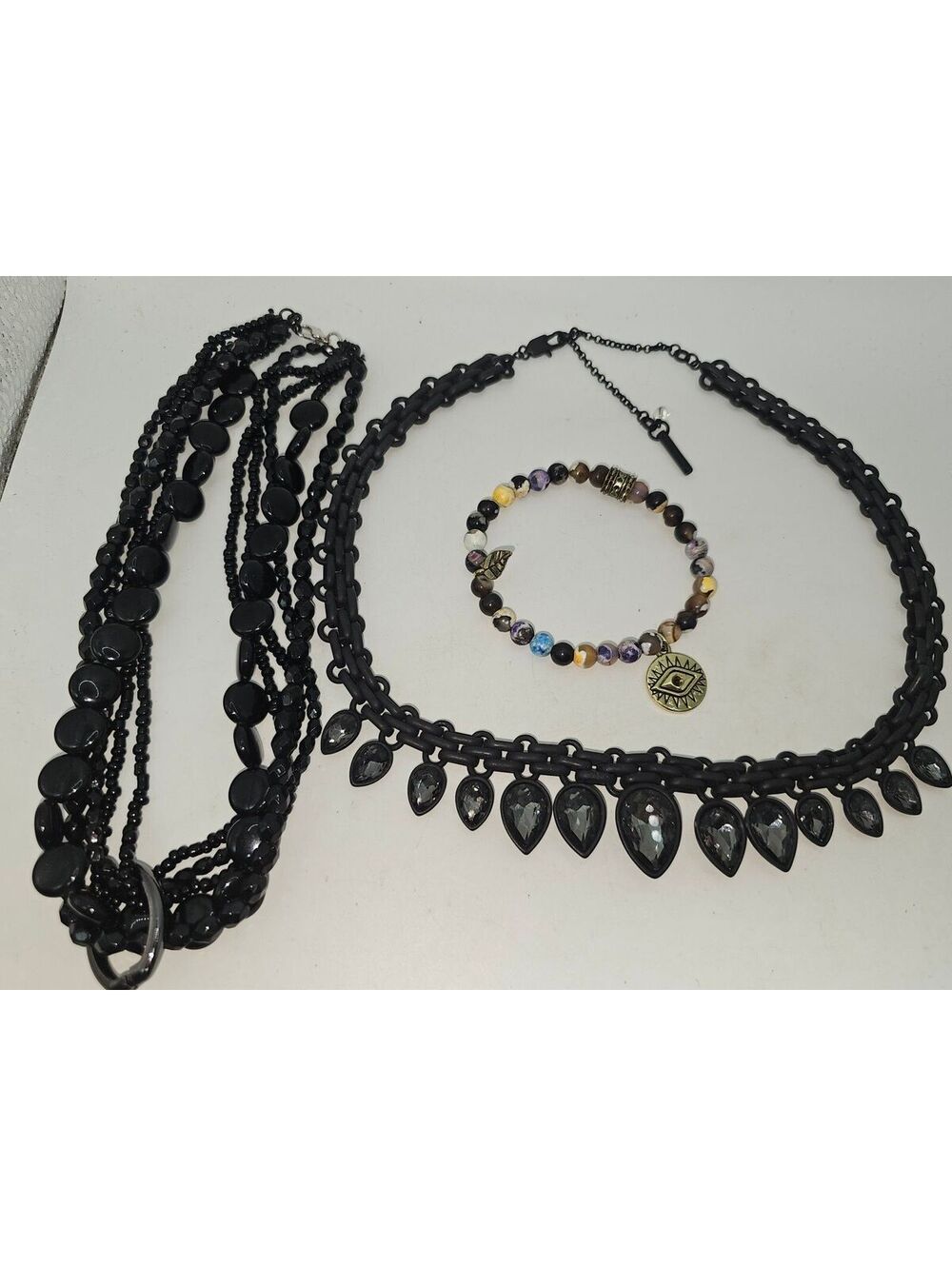 Black Gothic Jewelry Lot 3pc Layered Necklace Choker Beaded Bracelet